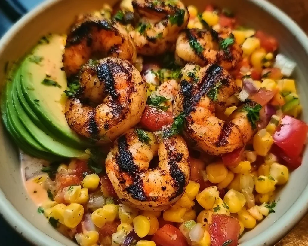 Delicious grilled shrimp bowl topped with avocado corn salsa