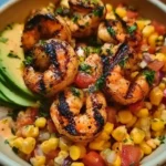 Delicious grilled shrimp bowl topped with avocado corn salsa