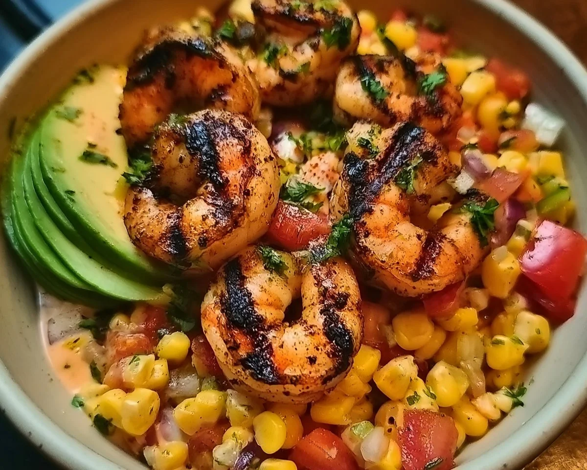 Delicious grilled shrimp bowl topped with avocado corn salsa