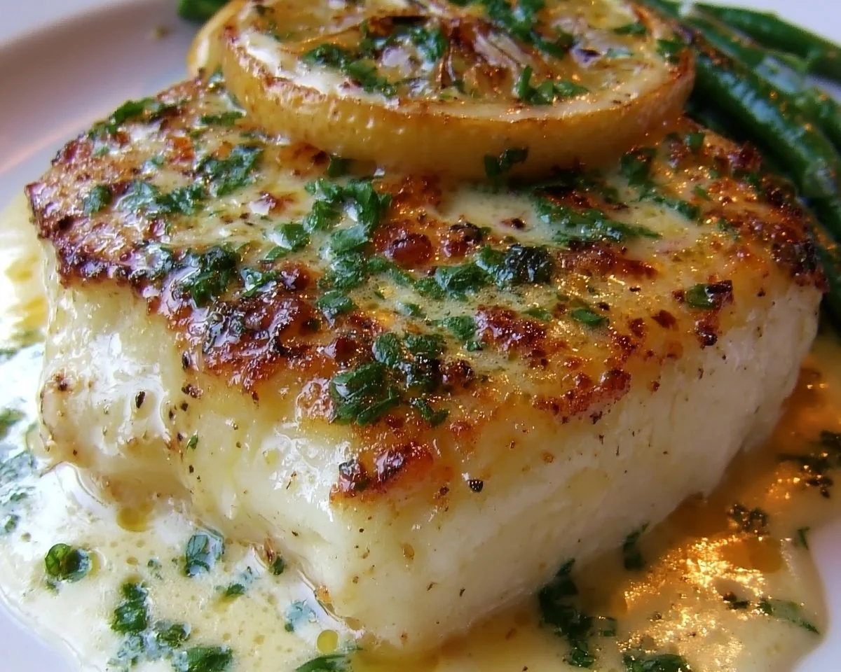 Delicious halibut fillet served with zesty lemon beurre blanc sauce