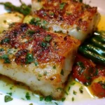 A beautifully plated homemade Chilean Sea Bass garnished with herbs.