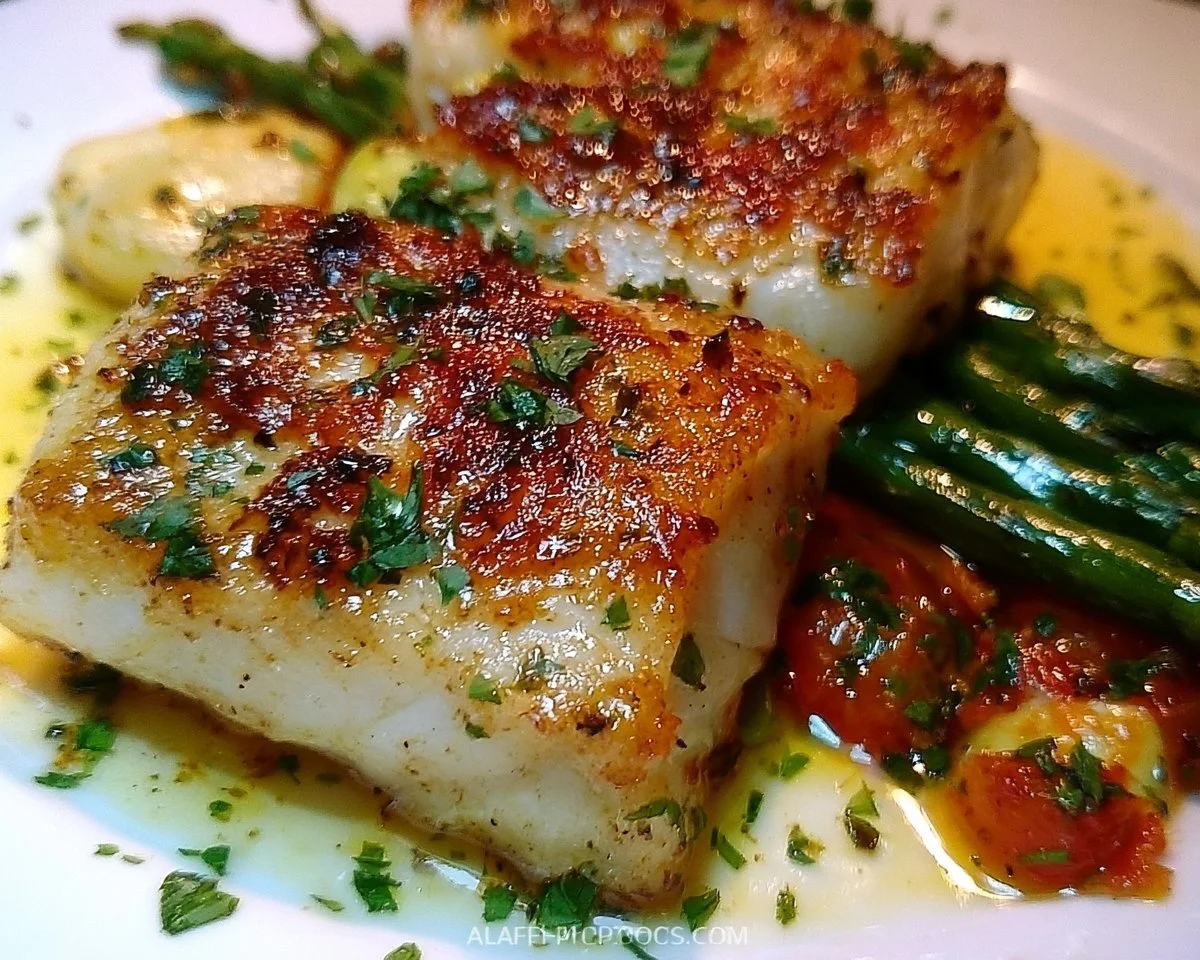 A beautifully plated homemade Chilean Sea Bass garnished with herbs.