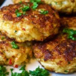 Homemade crab cakes served on a plate with lemon wedges.