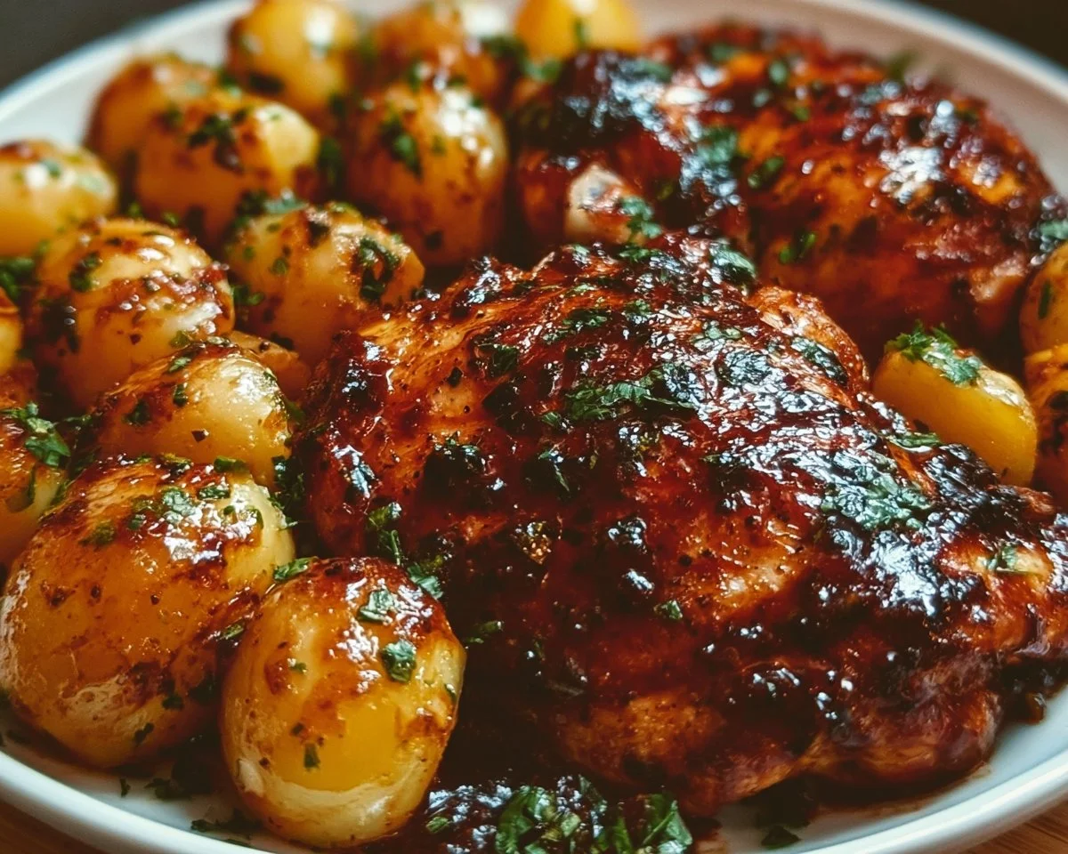 Honey BBQ Chicken Potatoes dish served on a plate with fresh ingredients.
