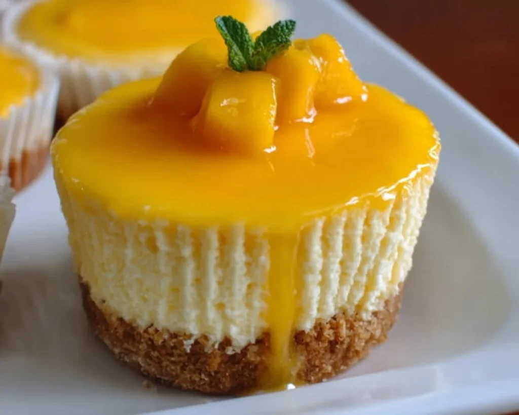 Delicious individual mango cheesecake topped with fresh mango slices