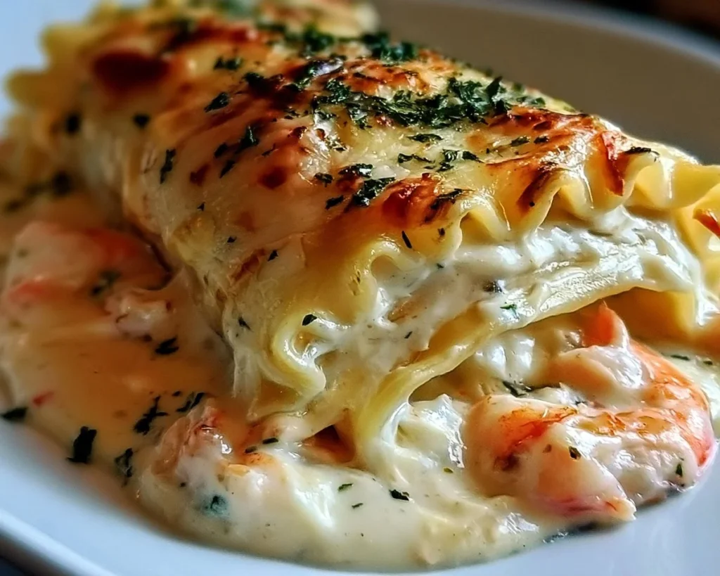 Indulgent Shrimp Crab Alfredo Lasagna Roll-Ups dish served on a plate