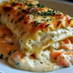 Indulgent Shrimp Crab Alfredo Lasagna Roll-Ups dish served on a plate