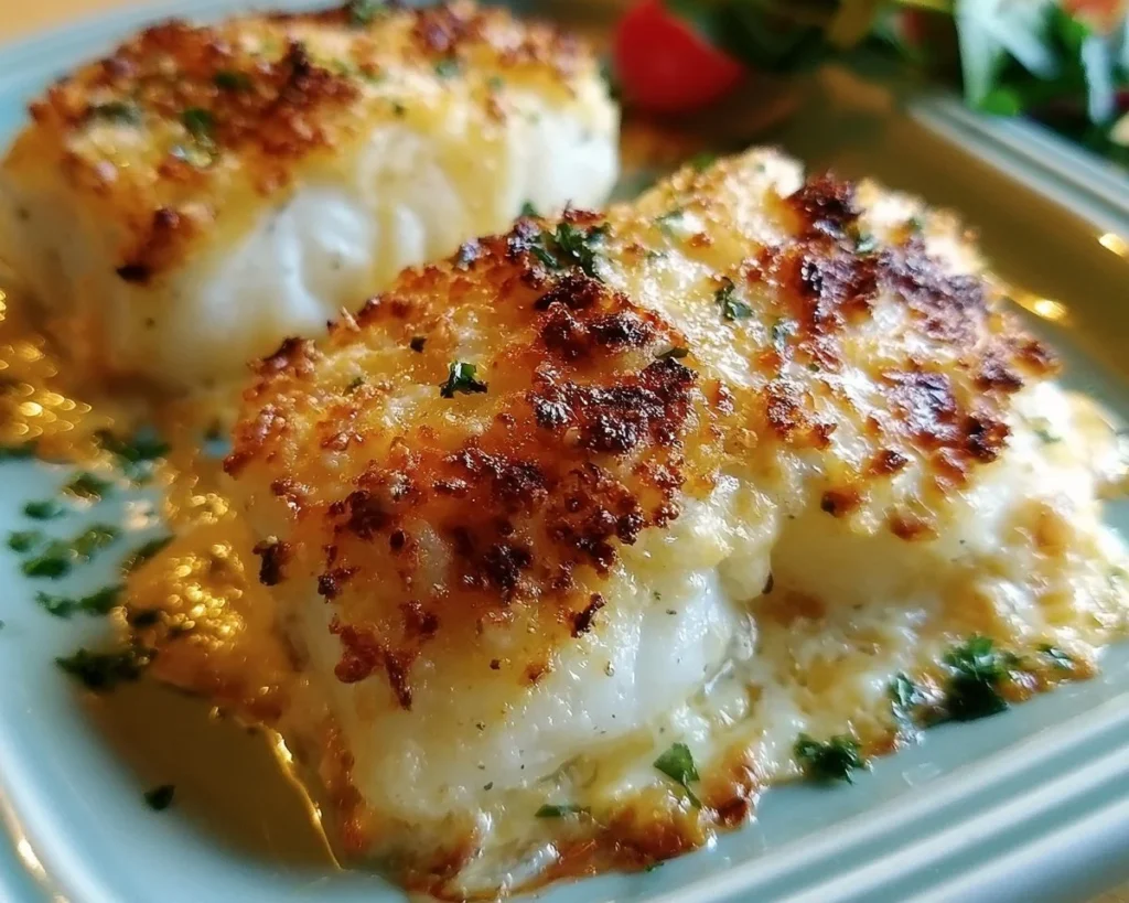 Baked cod with a creamy mayo and Parmesan crust served on a plate