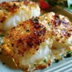 Baked cod with a creamy mayo and Parmesan crust served on a plate