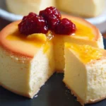 Fluffy Japanese Cheesecake slice on a white plate with fresh berries