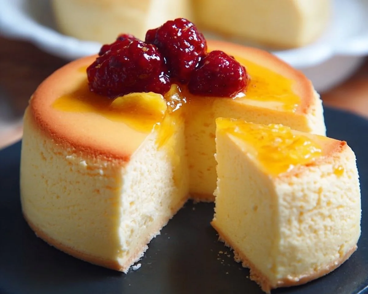 Fluffy Japanese Cheesecake slice on a white plate with fresh berries