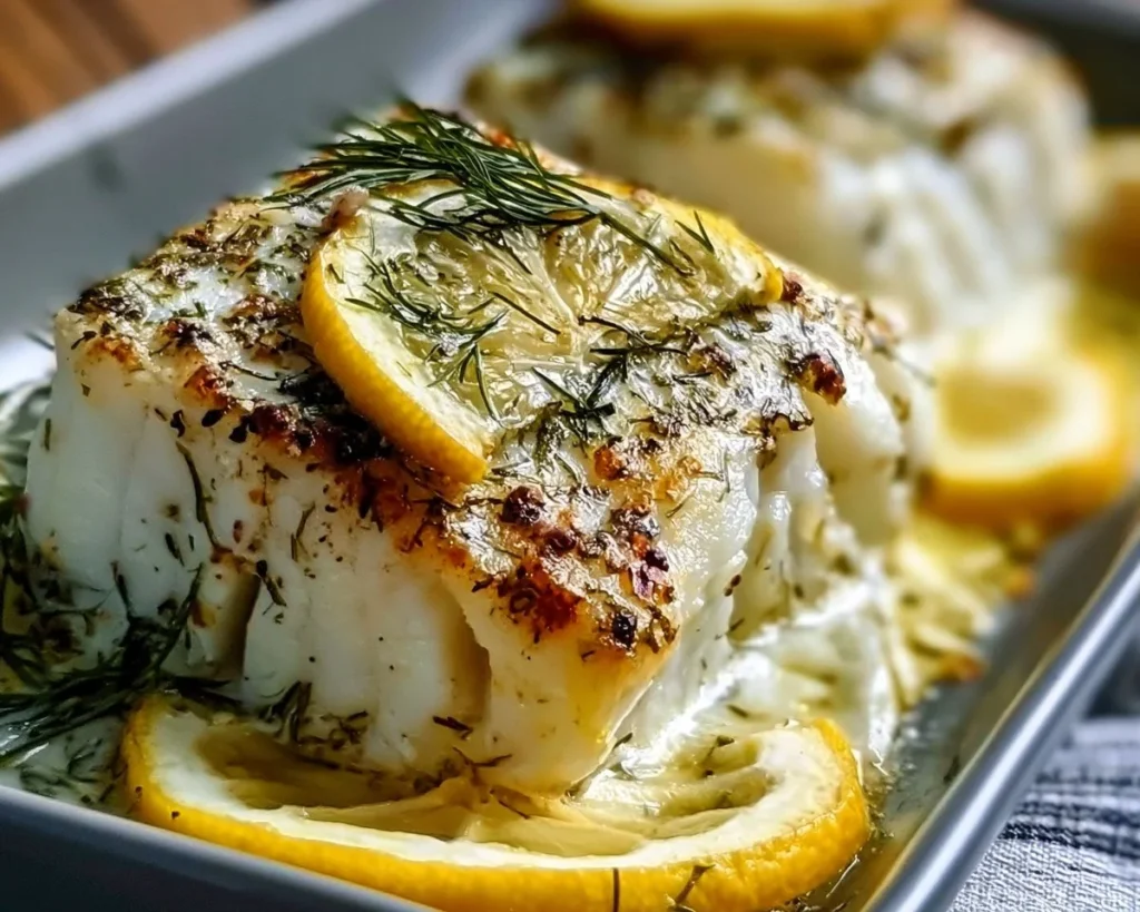 Lemon Dill Baked Cod garnished with fresh dill and lemon slices on a plate.