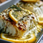 Lemon Dill Baked Cod garnished with fresh dill and lemon slices on a plate.