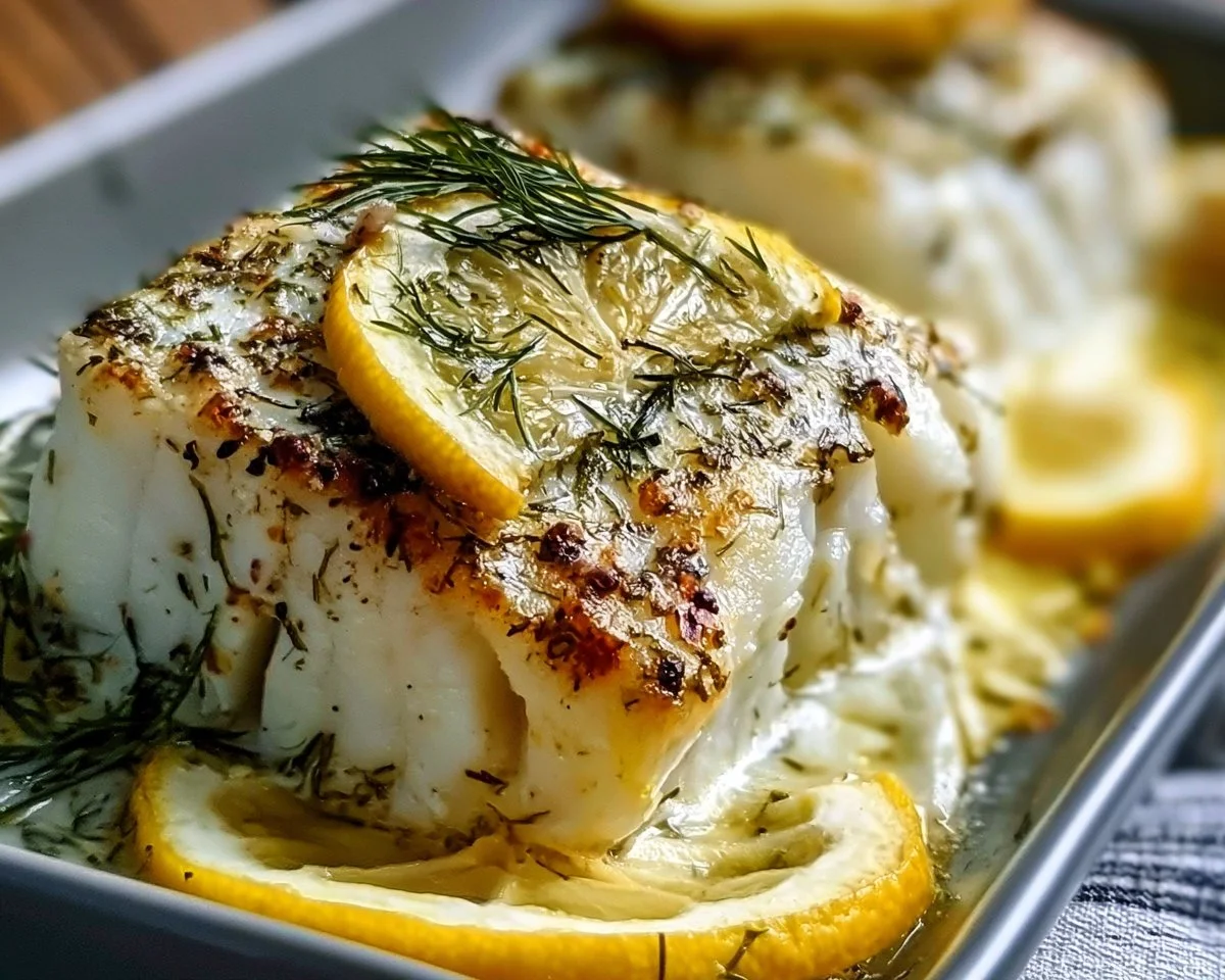 Lemon Dill Baked Cod garnished with fresh dill and lemon slices on a plate.