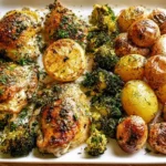 Lemon garlic chicken thighs served with broccoli and potatoes in a flavorful dish