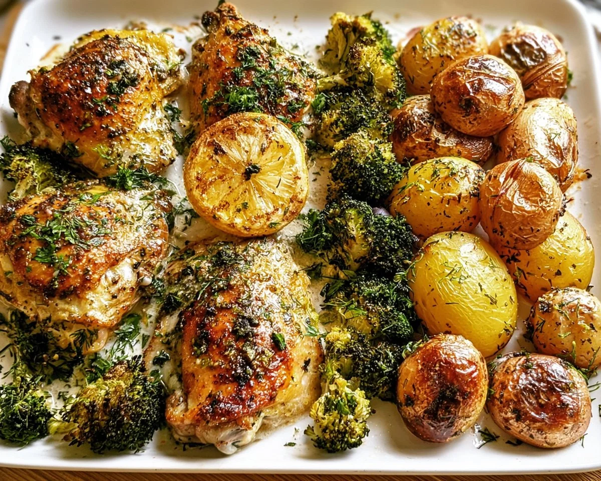 Lemon garlic chicken thighs served with broccoli and potatoes in a flavorful dish