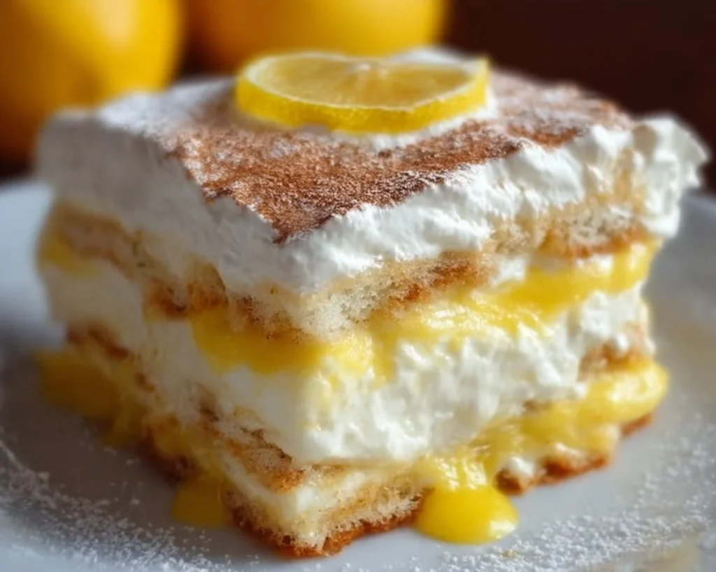 Delicious Lemon Tiramisu dessert served in a glass with lemon zest garnish