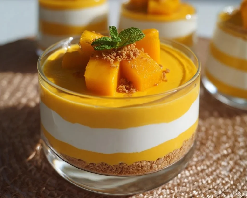 Delicious Mango Cheesecake Mousse garnished with fresh mango slices