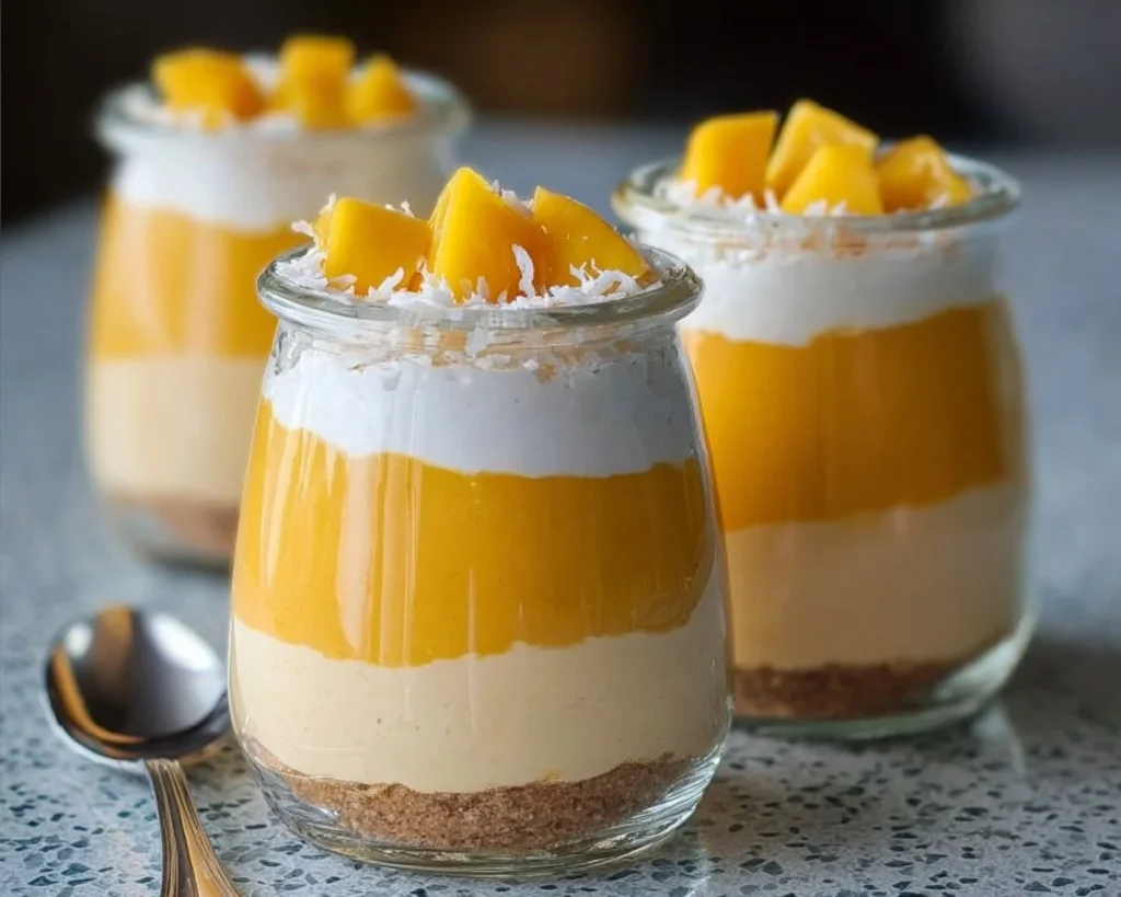 Delicious Mango Coconut Cheesecake Jars with tropical flavors and creamy texture