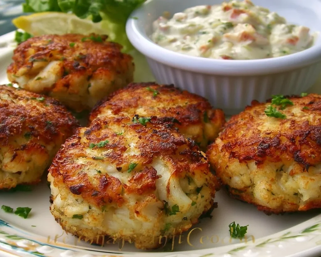 Delicious Maryland crab cakes served with quick tartar sauce.