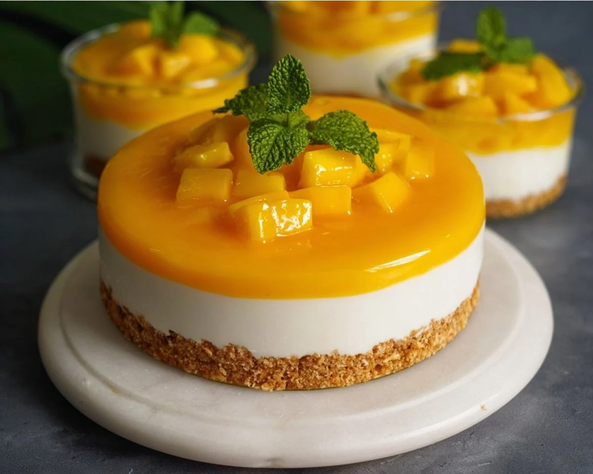 No bake mango cheesecake topped with fresh mango slices and whipped cream