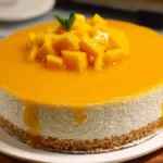No Bake Mango Cheesecake topped with fresh mango slices and whipped cream