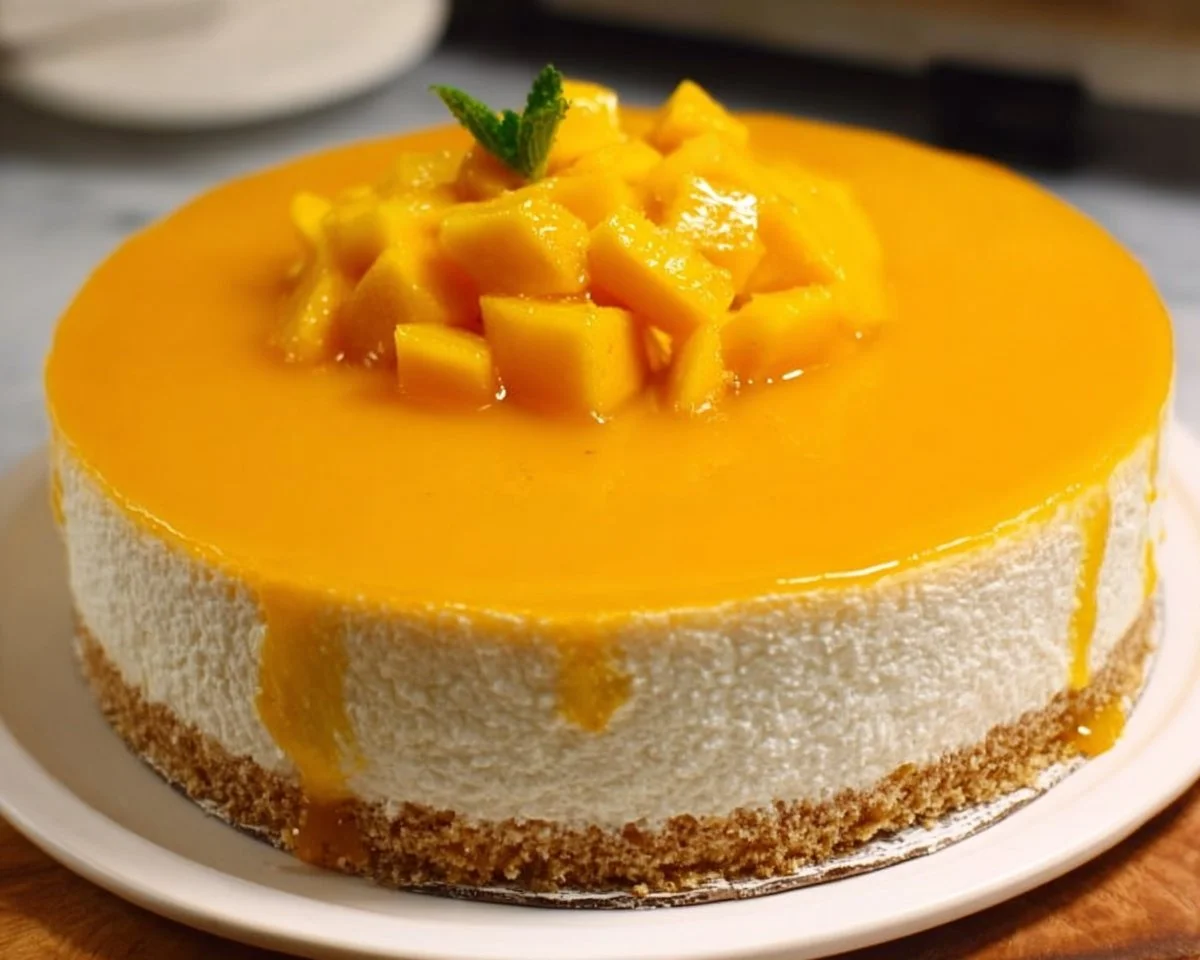No Bake Mango Cheesecake topped with fresh mango slices and whipped cream
