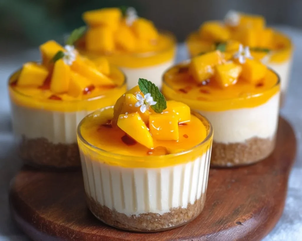 No bake mango cheesecake cups in a clear dessert cup with fresh mango slices