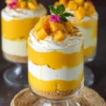 No bake mango cheesecake trifles layered in glass cups with fresh mango slices.