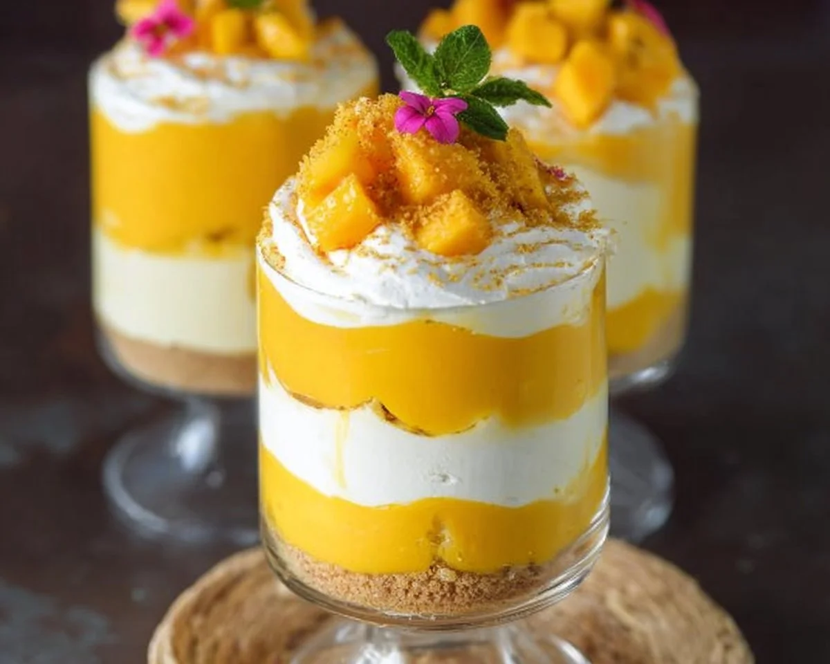 No bake mango cheesecake trifles layered in glass cups with fresh mango slices.