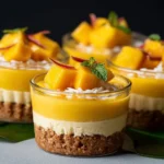 No-bake mango coconut cheesecake cups topped with fresh tropical fruits