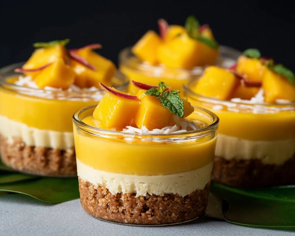 No-bake mango coconut cheesecake cups topped with fresh tropical fruits
