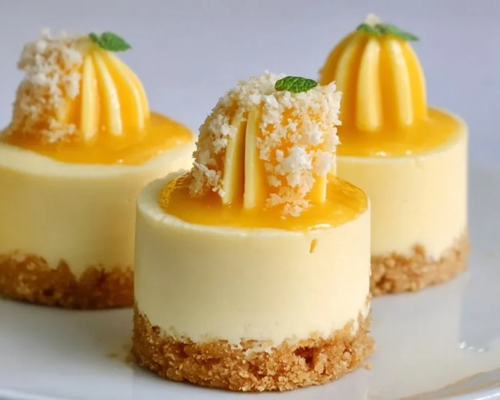 No-bake mini mango cheesecakes topped with fresh mango slices