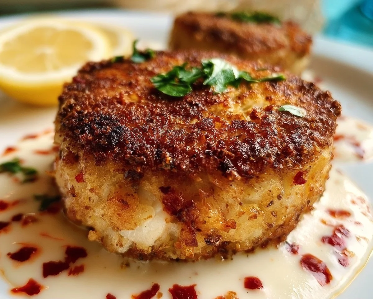 Crispy lump crab cakes with Old Bay seasoning in a plated dish