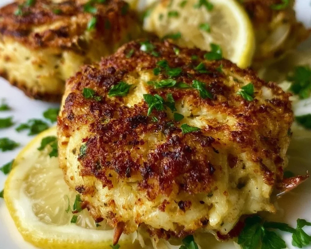 Plate of delicious Old Bay crab cakes served with dipping sauce