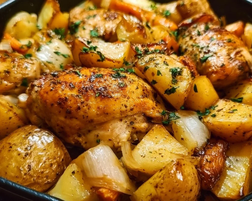 One pan chicken and potatoes dish ready to serve.