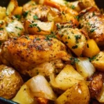 One pan chicken and potatoes dish ready to serve.