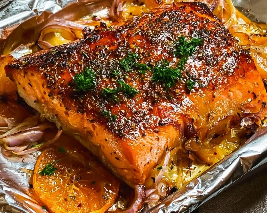 Oven baked salmon fillet garnished with herbs and lemon slices