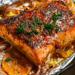 Oven baked salmon fillet garnished with herbs and lemon slices