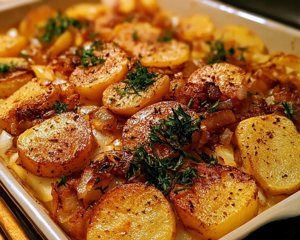 Crispy oven fried potatoes and onions served as a delicious side dish.