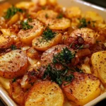 Crispy oven fried potatoes and onions served as a delicious side dish.
