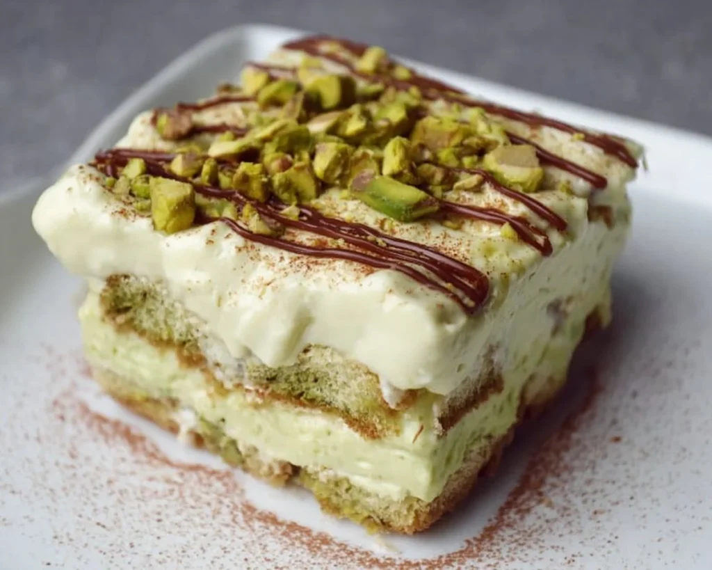 Delicious pistachio tiramisu dessert layered with creamy mascarpone and pistachios.