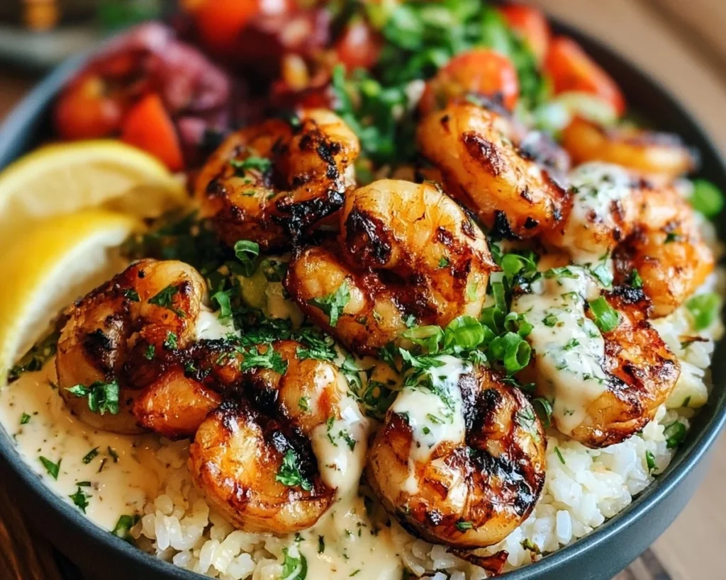 Delicious grilled shrimp bowls with creamy garlic sauce garnished with fresh herbs