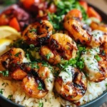 Delicious grilled shrimp bowls with creamy garlic sauce garnished with fresh herbs