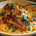 Plate of Red Snapper topped with Creamy Creole Sauce and garnished with herbs.