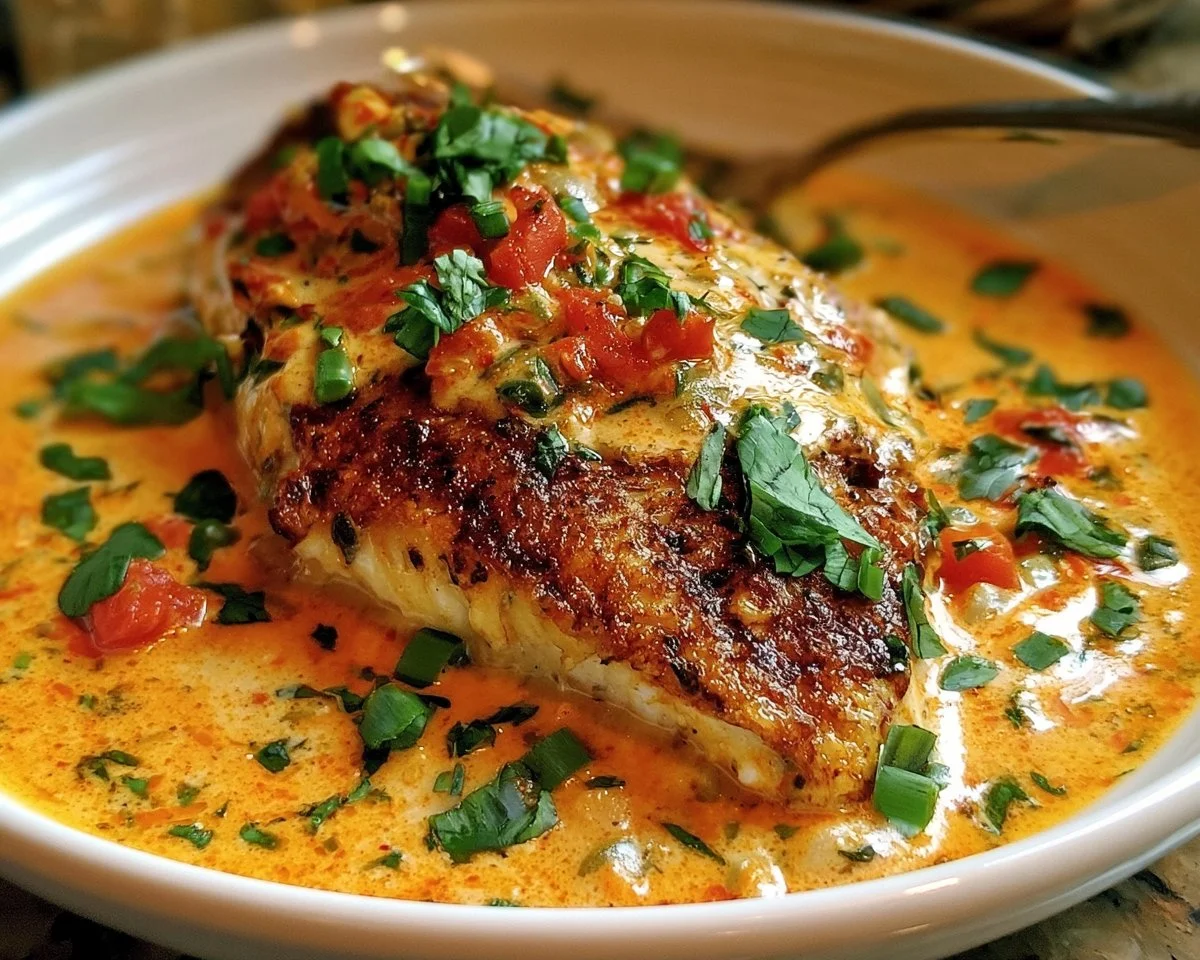 Plate of Red Snapper topped with Creamy Creole Sauce and garnished with herbs.