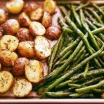 Roasted garlic potatoes served with fresh green beans for a flavorful side dish.