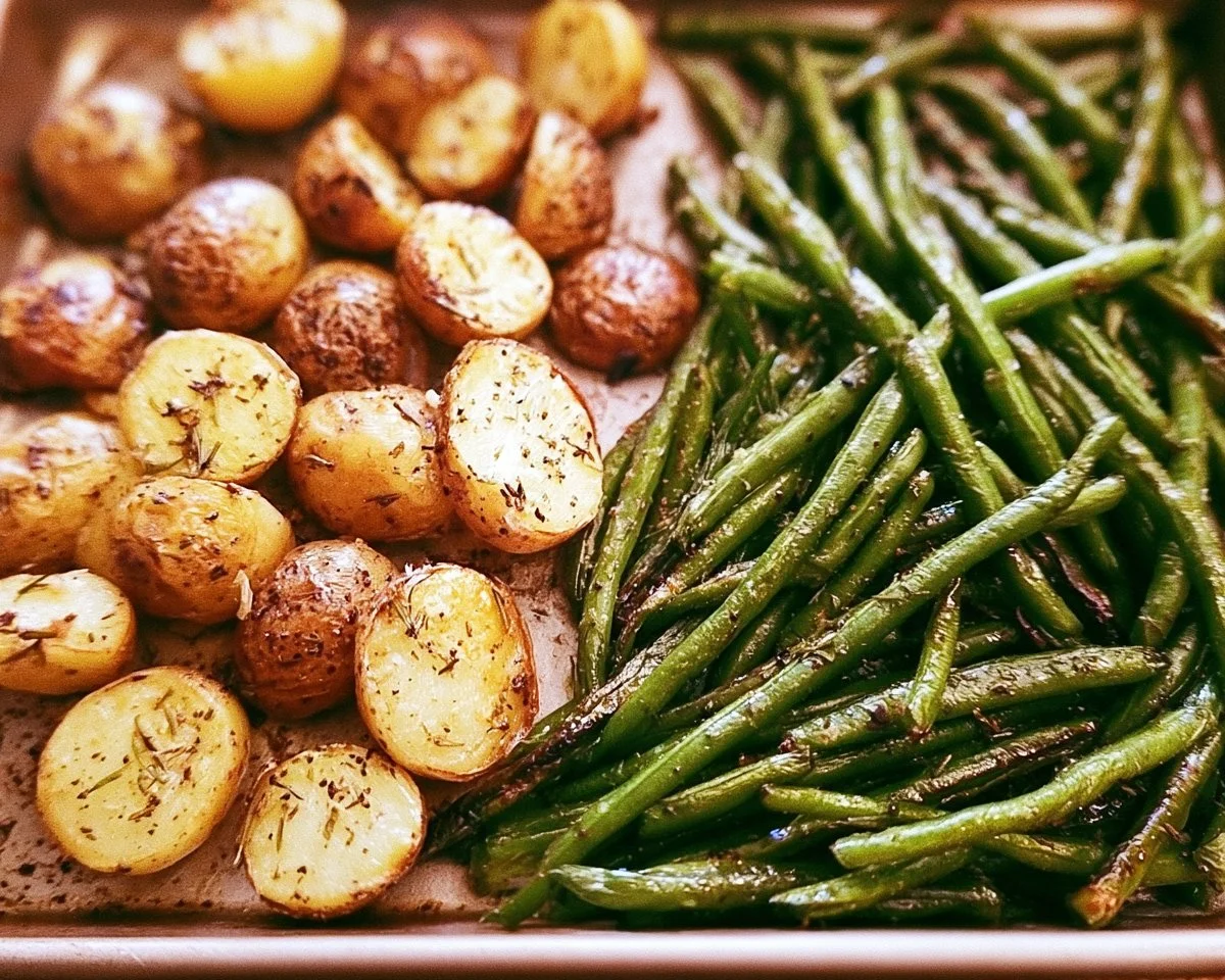 Roasted garlic potatoes served with fresh green beans for a flavorful side dish.