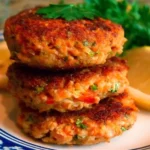 Homemade salmon patties served with a side of fresh salad.