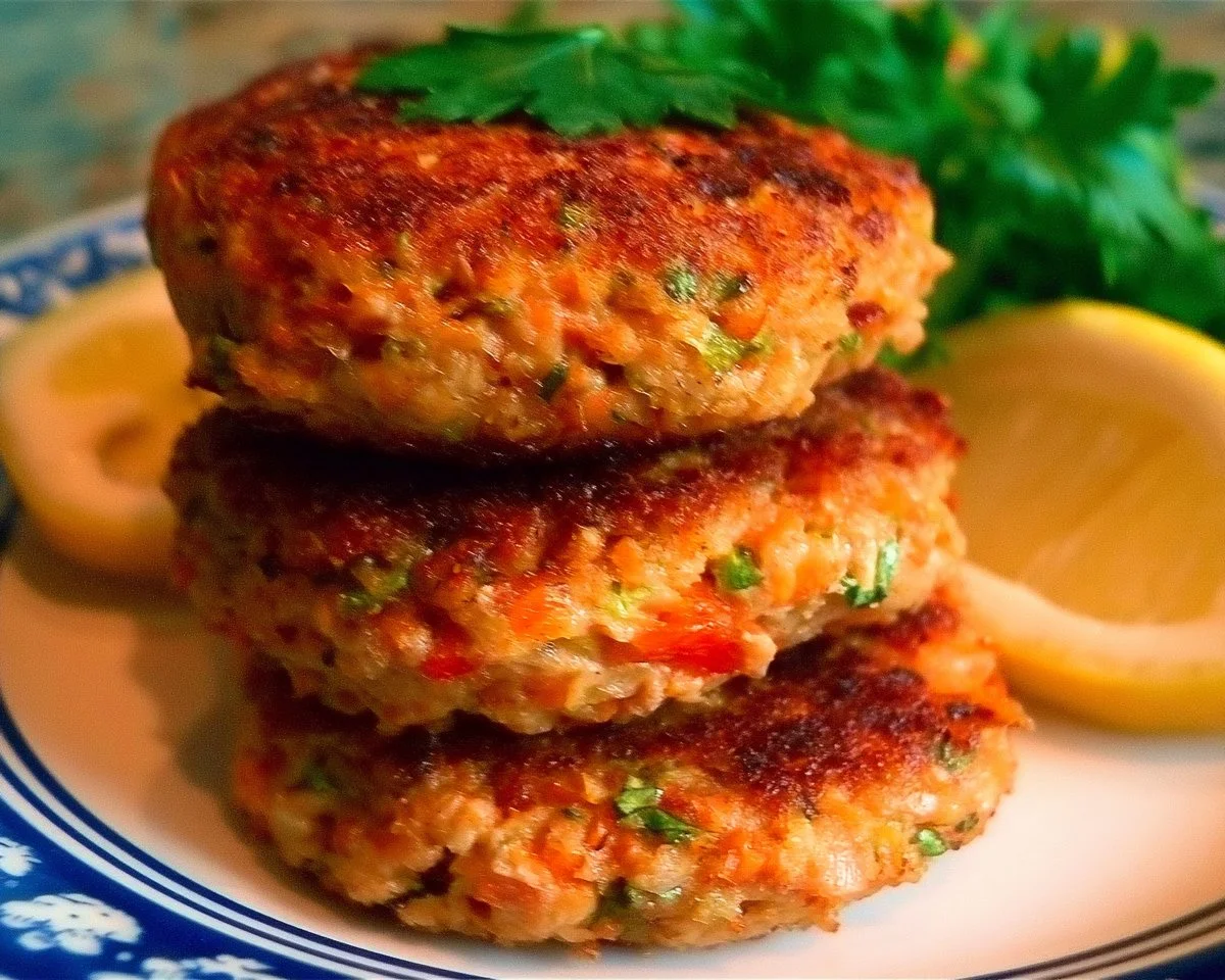 Homemade salmon patties served with a side of fresh salad.